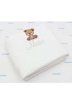 Paturica Anna tricotata, cu ciucuri, personalizata, Teddy bear, diverse culori, 80x100cm