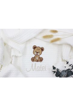 Paturica Anna tricotata, cu ciucuri, personalizata, Teddy bear, diverse culori, 80x100cm
