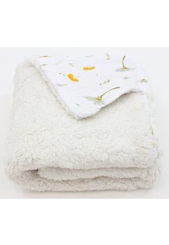 Paturica deluxe, Teddy verso muselina bumbac floricele galbene, 80 x 100 cm, ivory