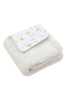 Paturica deluxe, Teddy verso muselina bumbac floricele galbene, 80 x 100 cm, ivory