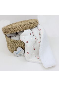 Paturica deluxe, Teddy, verso muselina bumbac, inimioare rosii, 80 x 100 cm, alb