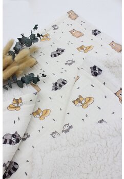 Paturica deluxe, Teddy, verso muselina bumbac, Ratonul si ursul, 80 x 100 cm, crem