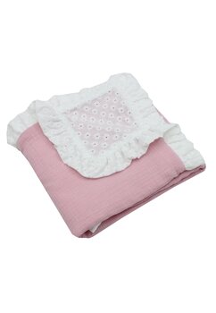 Paturica dubla muselina brodata, cu volanas, roz deschis cu alb, 80x100 cm