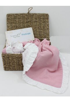 Paturica dubla muselina brodata, cu volanas, roz deschis cu alb, 80x100 cm