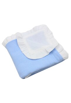 Paturica dubla muselina, Leo, cu volanas, albastru cu alb, 80x100 cm