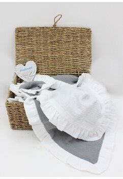 Paturica dubla muselina, Leo, cu volanas, gri cu alb, 80x100 cm