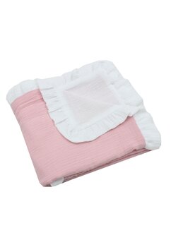 Paturica dubla muselina, Leo, cu volanas, roz deschis cu alb, 80x100 cm