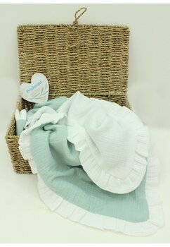 Paturica dubla muselina, Leo, cu volanas, verde cu alb, 80x100 cm