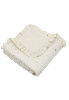 Paturica dubla muselina, Metalic Stars cu volanas, ivory, 80x100 cm
