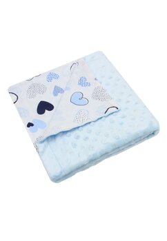 Paturica minky, verso bumbac, inimioare hello, 80x100cm, albastru