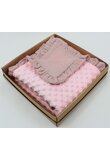Paturica minky verso muselina bumbac, Metalic dots, cu volanas, roz,  100 x 80 cm