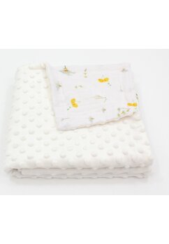 Paturica minky, verso muselina, floricele galbene, 80x100cm, crem