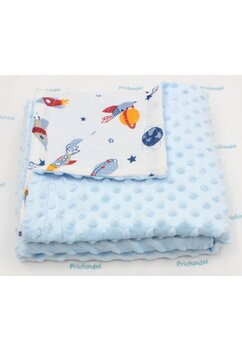 Paturica minky, verso muselina, rachete si planete, 80x100cm, albastru