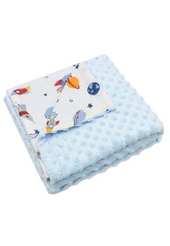 Paturica minky, verso muselina, rachete si planete, 80x100cm, albastru
