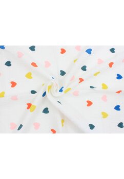 Paturica muselina, colorful hearts, alb, 80 x 100 cm