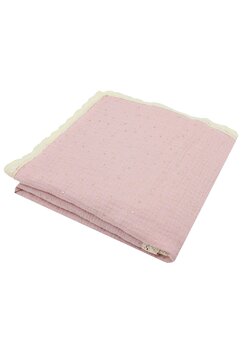 Paturica muselina, Metalic dots cu dantela, roz, 100x80 cm