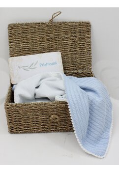 Paturica tricotata Anna albastra, cu ciucuri, verso muselina alba, 80x100 cm