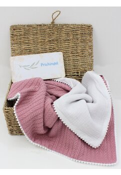 Paturica tricotata Anna, cu ciucuri, verso muselina, 80x100 cm, roz inchis