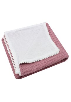 Paturica tricotata Anna, cu ciucuri, verso muselina, 80x100 cm, roz inchis