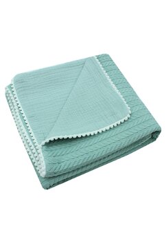 Paturica tricotata Anna, cu ciucuri, verso muselina, 80x100 cm, verde deschis