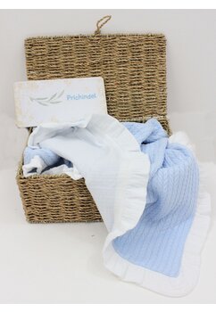 Paturica tricotata Anna, cu volanas, verso muselina, 80x100 cm, albastru