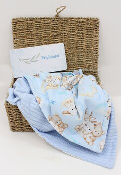 Paturica tricotata Anna, verso bumbac, Caprioara Bambi si prietenii, 80x100 cm, albastru