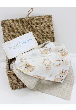 Paturica tricotata Anna, verso bumbac, Caprioara bambi si prietenii alb, 80x100 cm