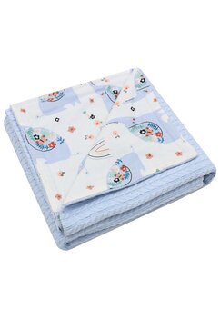 Paturica tricotata Anna, verso bumbac, elefant gri cu flori, 80x100 cm, albastru