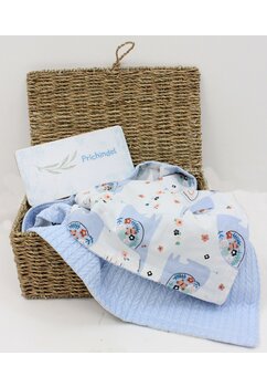 Paturica tricotata Anna, verso bumbac, elefant gri cu flori, 80x100 cm, albastru