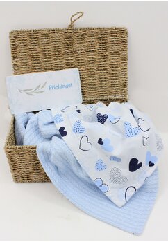 Paturica tricotata Anna, verso bumbac, inimioare Hello, 80x100 cm, albastru