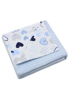 Paturica tricotata Anna, verso bumbac, inimioare Hello, 80x100 cm, albastru