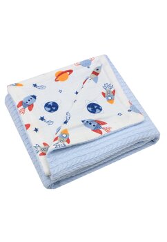 Paturica tricotata Anna, verso bumbac, Rachete si planete, 80x100 cm, albastru