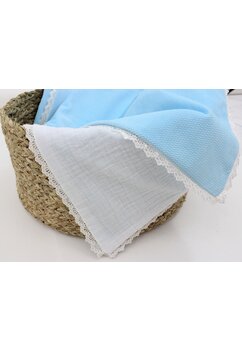 Paturica velvet deluxe, verso muselina alba, cu danteluta, albastru, 80 x 100 cm