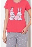 Pijama femei, pantalon 3/4, Iepurasi indragostiti, bumbac, roz cu gri