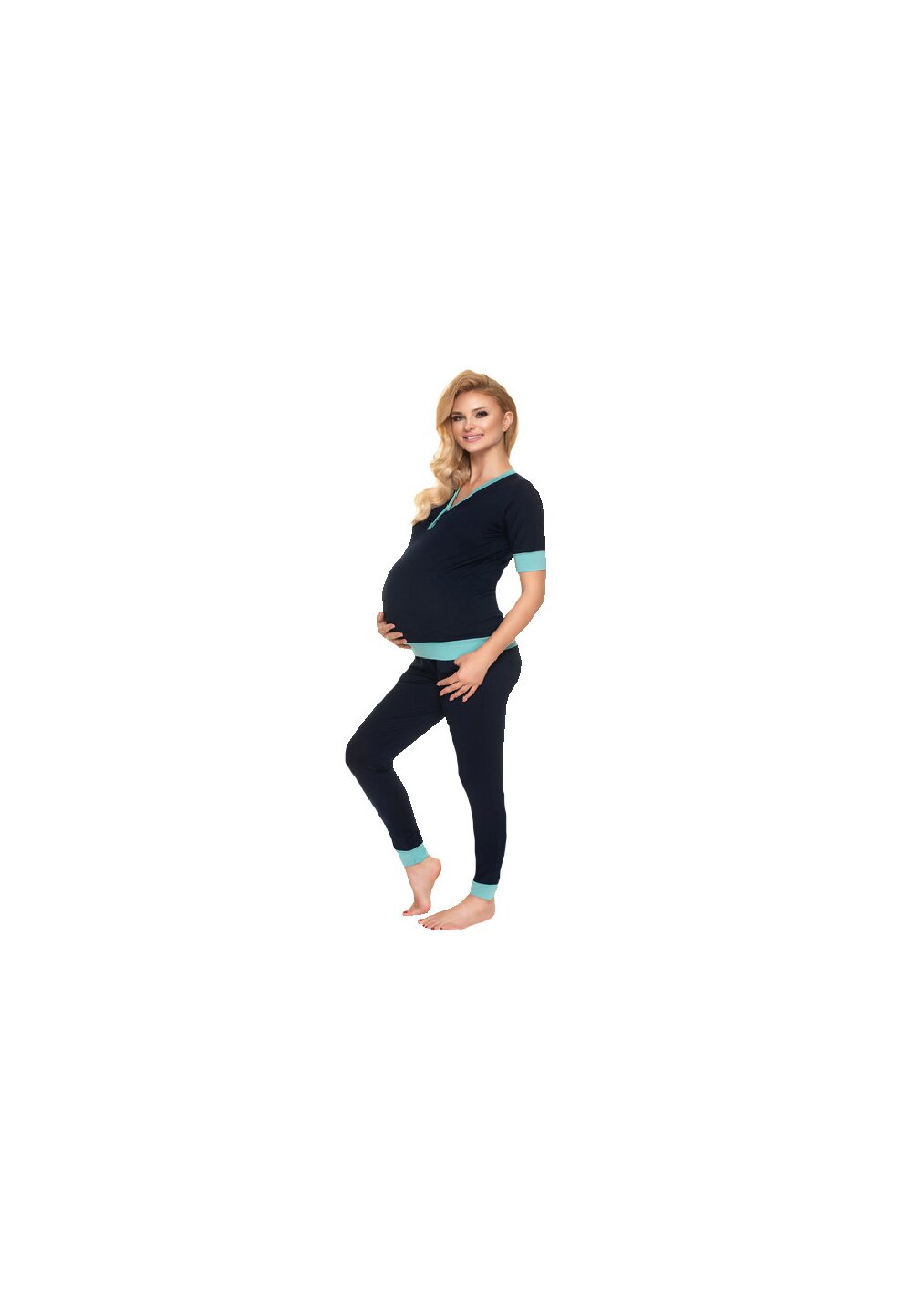 Pijama gravide, maneca scurta, bluemarin cu turcoaz