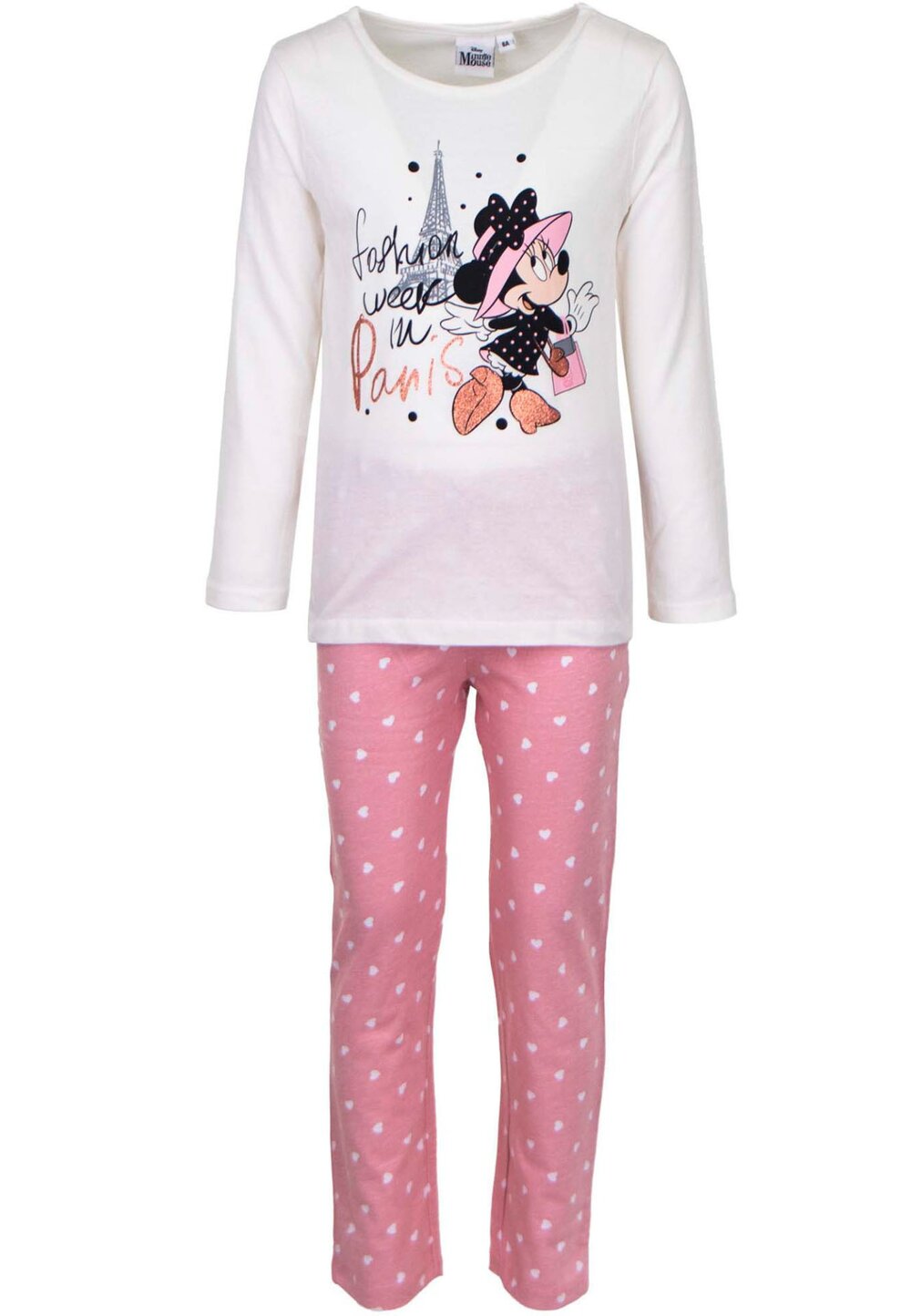 Pijama maneca lunga, bumbac, cu imprimeu, Minnie, Paris, ivory