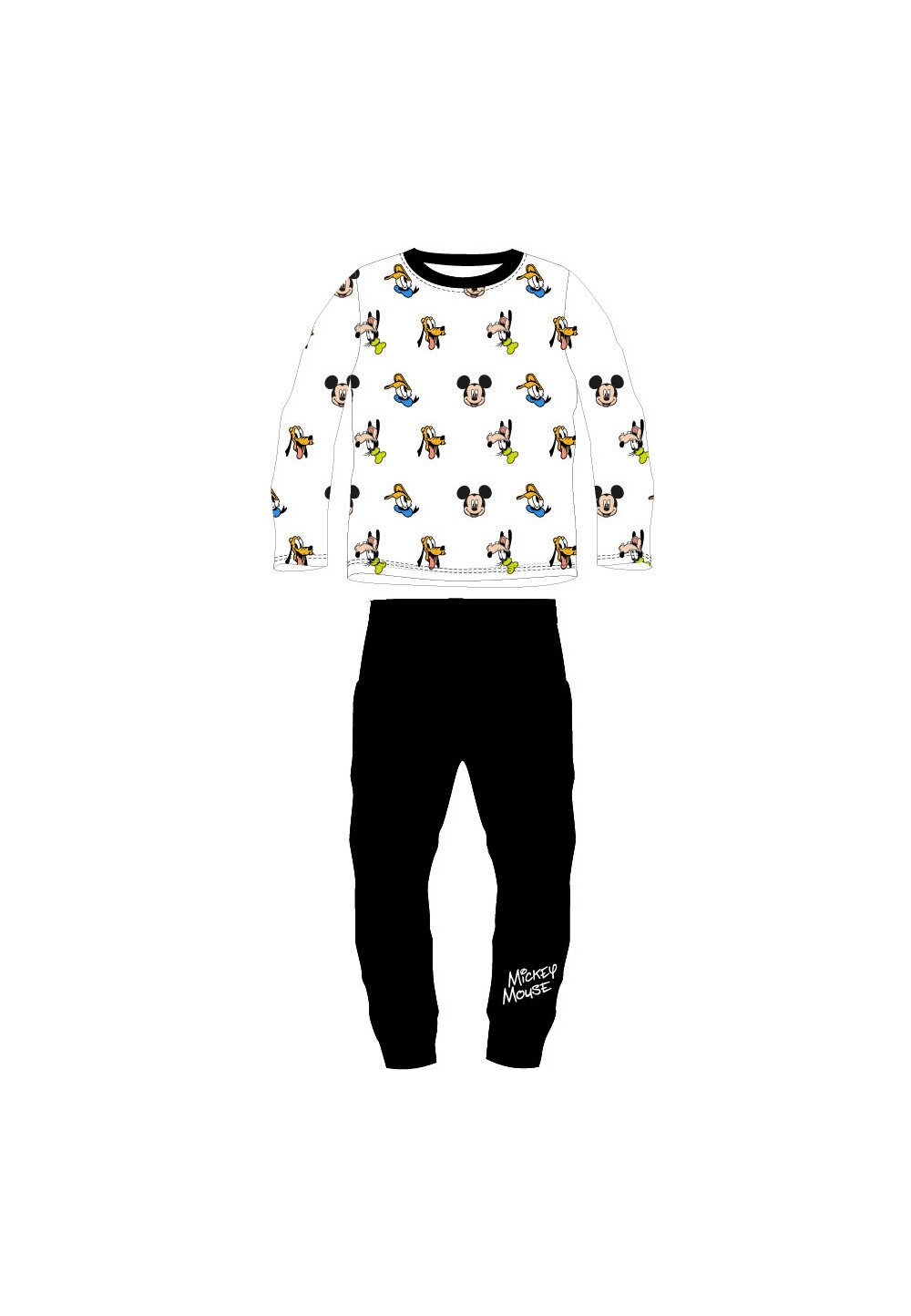Pijama maneca lunga, Mickey si prietenii, alb cu negru