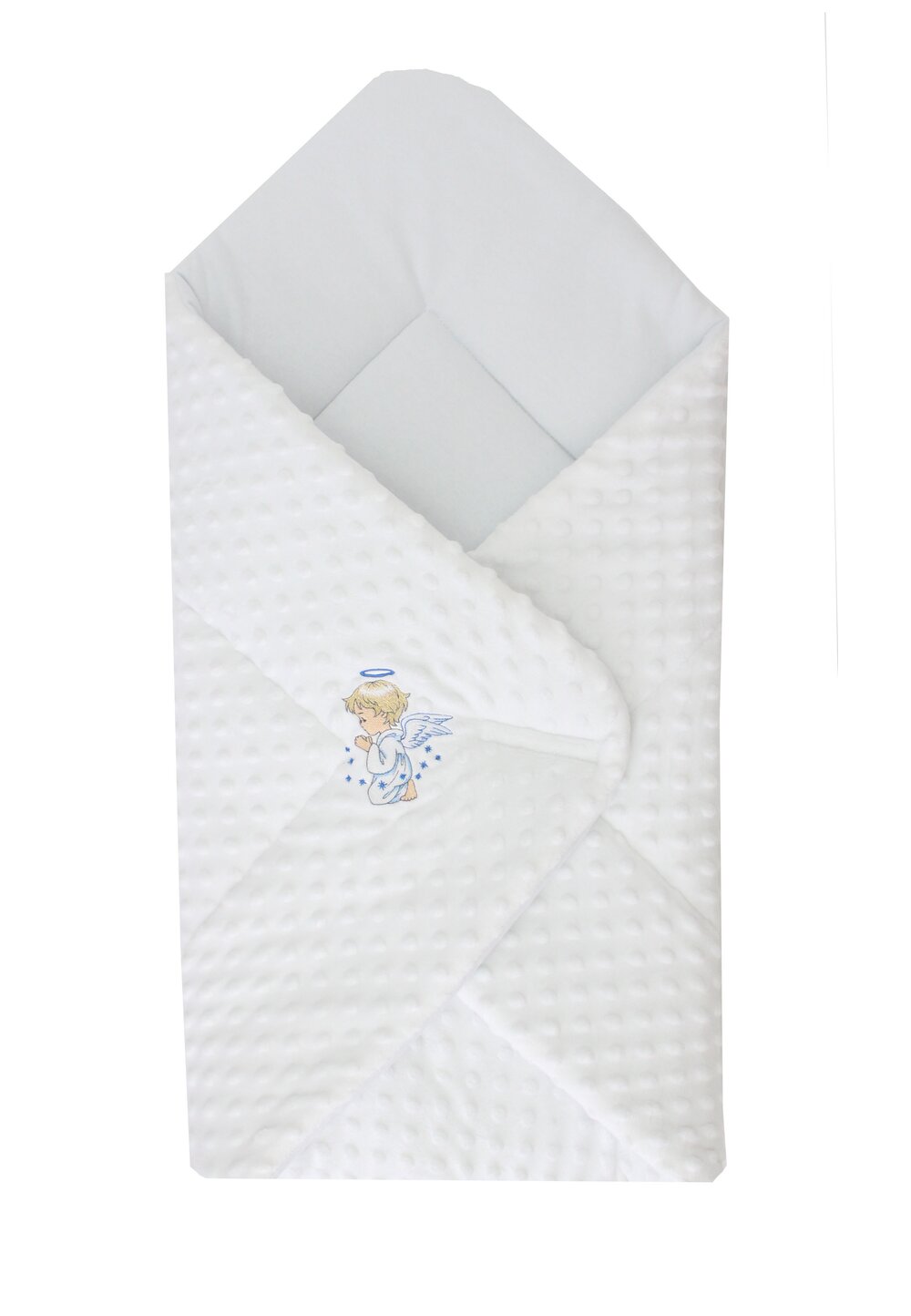 Port bebe multifunctional, minky, alb cu ingeras albastru