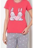 Pijama femei, pantalon 3/4, Iepurasi indragostiti, bumbac, roz cu gri