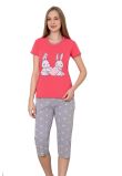 Pijama femei, pantalon 3/4, Iepurasi indragostiti, bumbac, roz cu gri