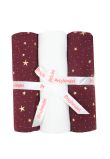 Set 3 scutece, muselina, Metalic stars, visiniu cu alb, 80 x 67 cm