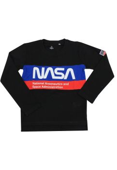 Bluza maneca lunga, bumbac, cu imprimeu, Nasa, negru