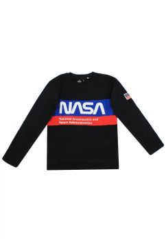 Bluza maneca lunga, bumbac, cu imprimeu, Nasa, negru
