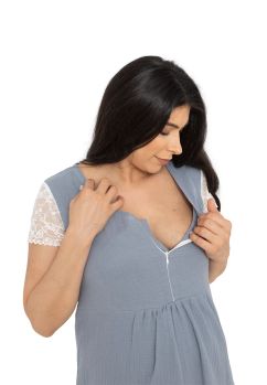 Camasa de alaptat, Prichindel, muselina bumbac, cu dantela, gri inchis