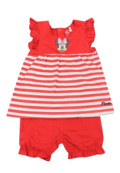 Compleu bebe vara, bumbac, Minnie cu dungi, rosu