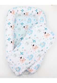 Cuib minky, Urs cu esarfa roz, 80x50 cm, turcoaz cu alb