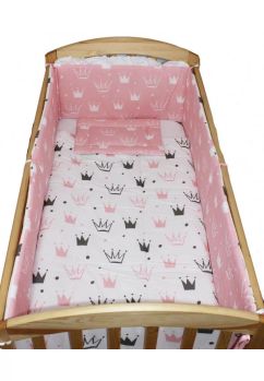 Lenjerie 2 fete, 6 piese, coronite Princess roz, cu baldachin, 140 x 70 cm