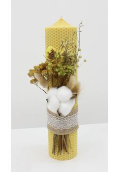 Lumanare botez, cu flori de bumbac, nemuritoare, din ceara naturala, galben, 30cm