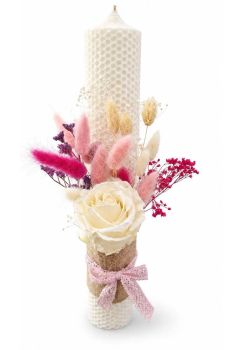 Lumanare botez, tip fagure, din ceara naturala, cu flori criogenate, ivory, 35 cm