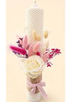 Lumanare botez, tip fagure, din ceara naturala, cu flori criogenate, ivory, 35 cm